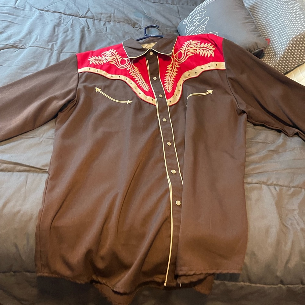 Scully Men's Legends Brown with Red and Cream Piping Long Sleeve Western Shirt